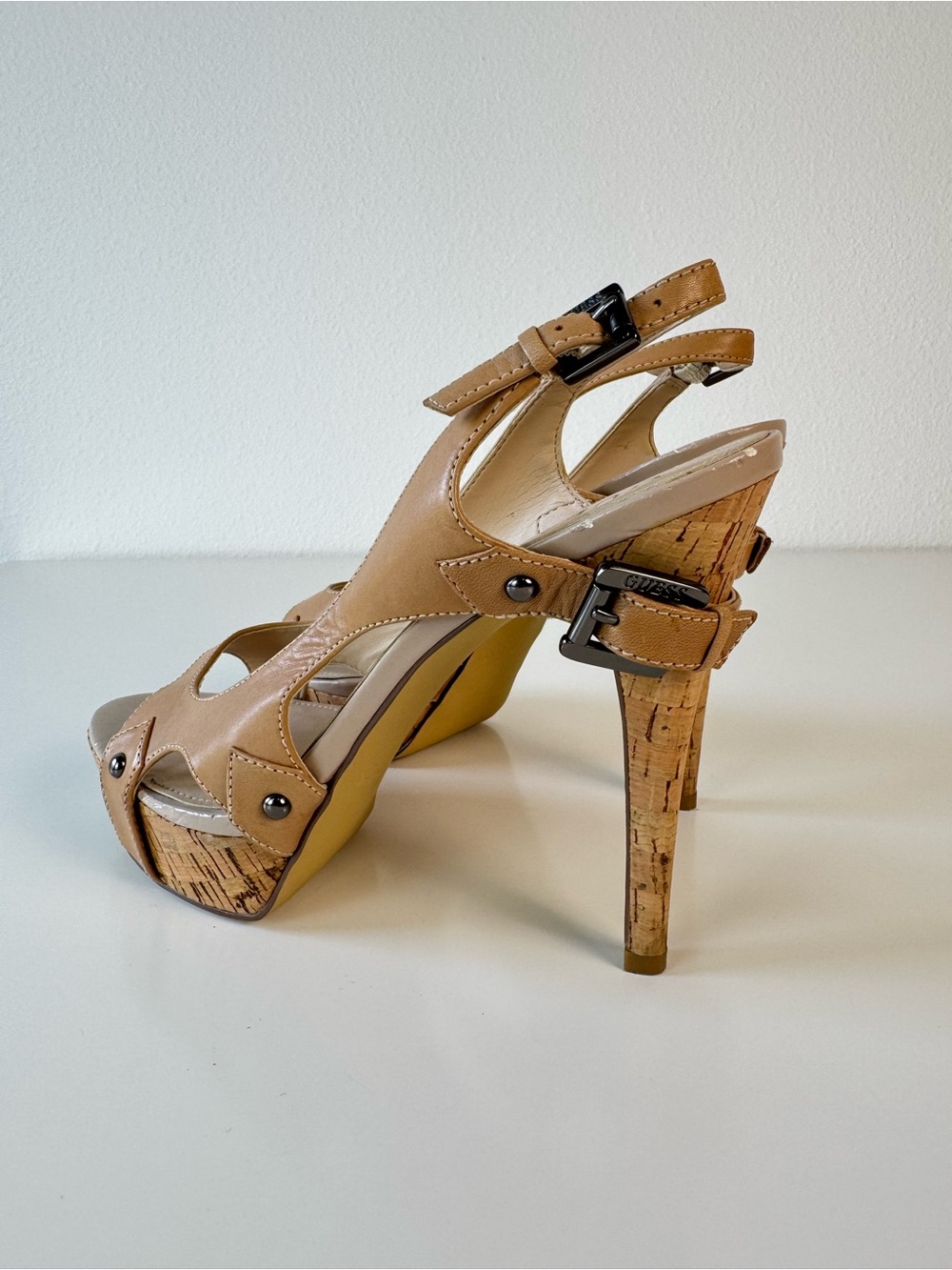 GUESS Krystal Leather Cork Platform Heels Tan Beige Stilettos Size 9.5